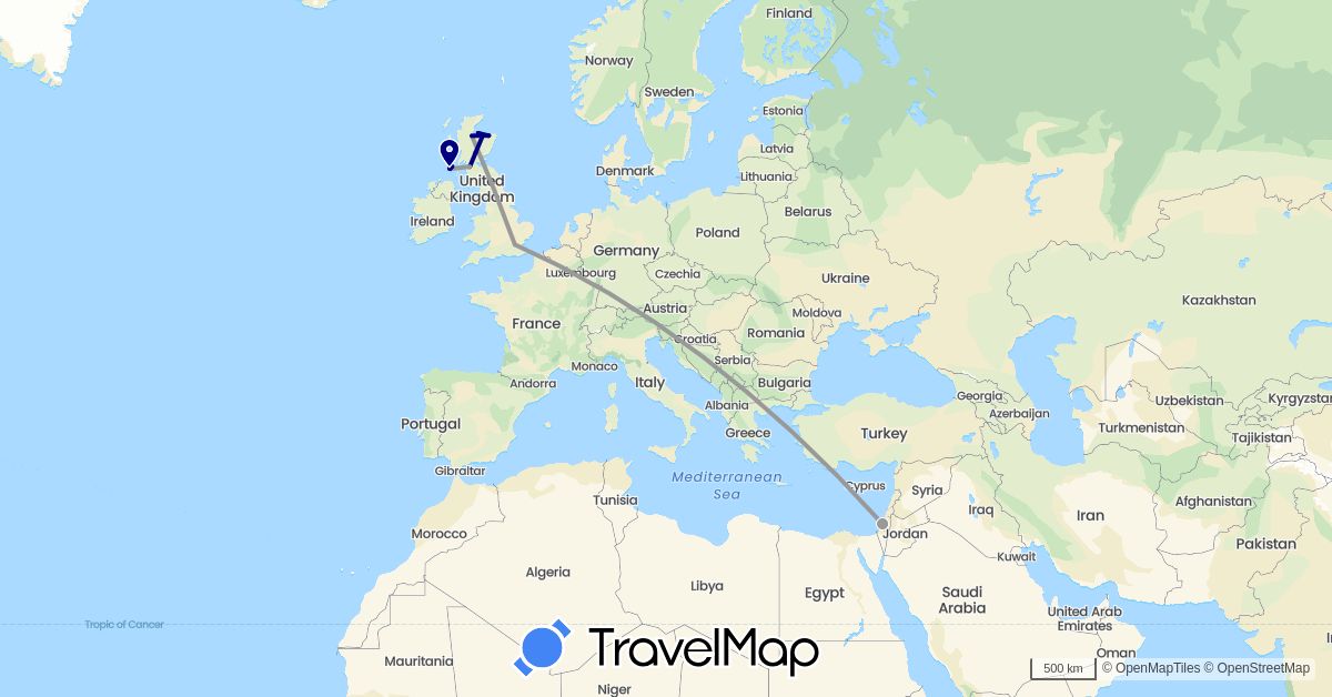 TravelMap itinerary: driving, plane in United Kingdom, Israel (Asia, Europe)